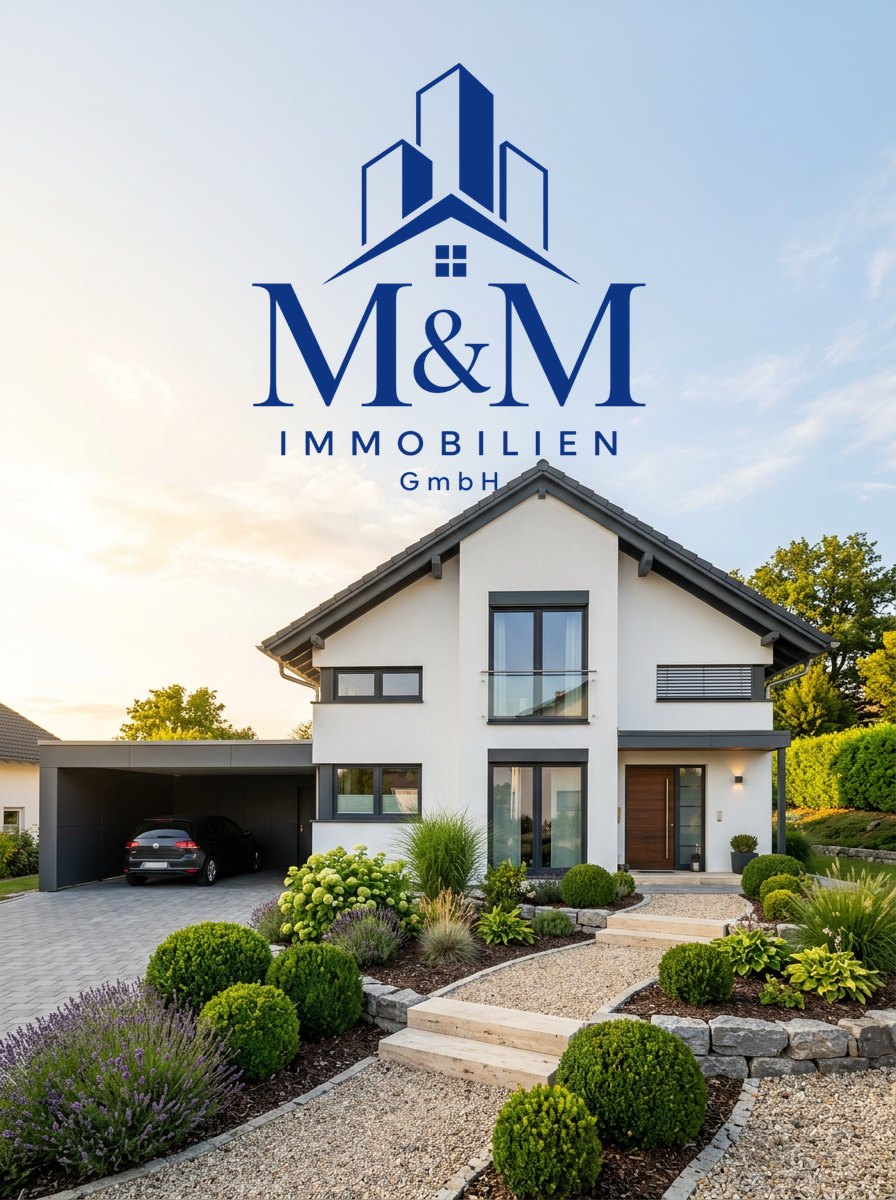 M&M Immobilien GmbH – Logo vor einem modernen Einfamilienhaus (KI-generiertes Bild)