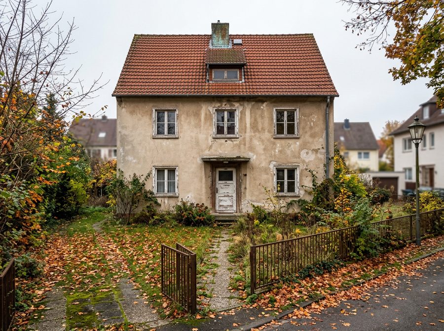 Renovierungsbedürftiges älteres Einfamilienhaus (KI-generiertes Bild)