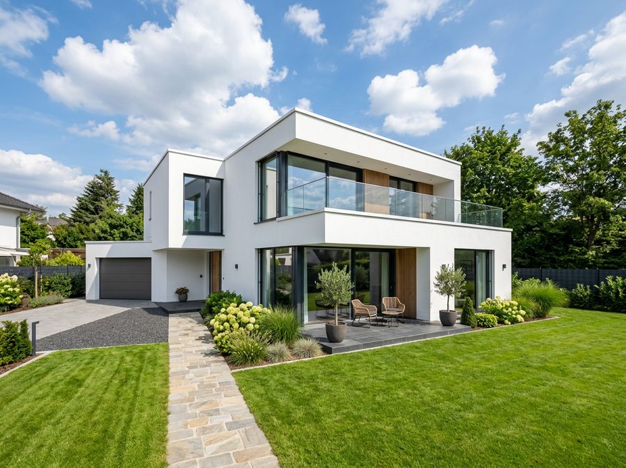 Modernes weißes Haus mit Garten (KI-generiertes Bild)