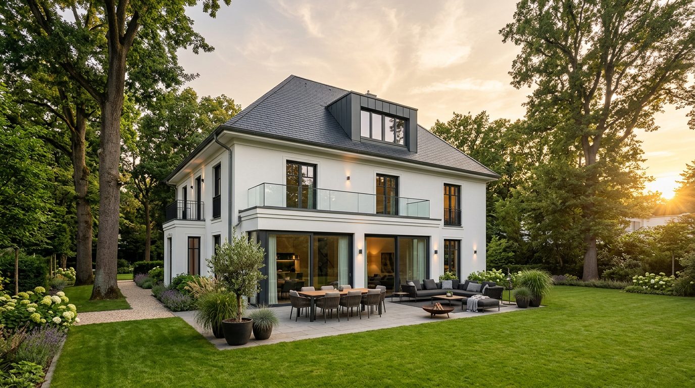 Elegante Villa mit Terrasse und Garten im Abendlicht (KI-generiertes Bild)